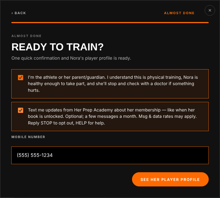 Screenshot of the last screen of the Her Prep Academy player profile quiz. A health confirmation checkbox, then a separate optional checkbox reading: Text me updates from Her Prep Academy about her membership — like when her book is unlocked. Optional; a few messages a month. Msg and data rates may apply. Reply STOP to opt out, HELP for help. Below it is a Mobile number field.